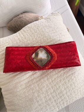 Red Woven Beaded Accent Clutch